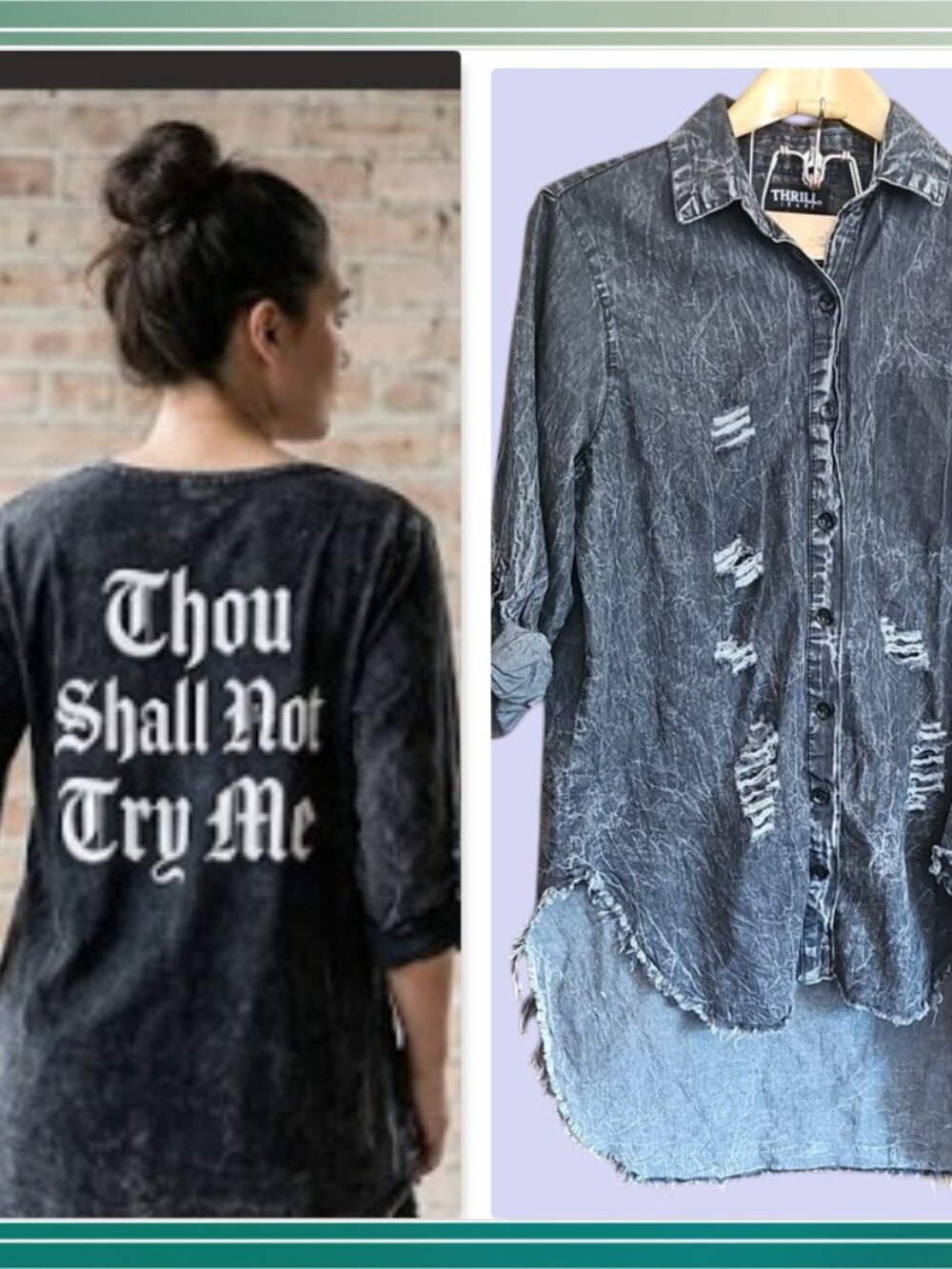 Thill Jeans Thou Shall Not Try Me Sarcastic Graphic Acid Wash Button-Up Top